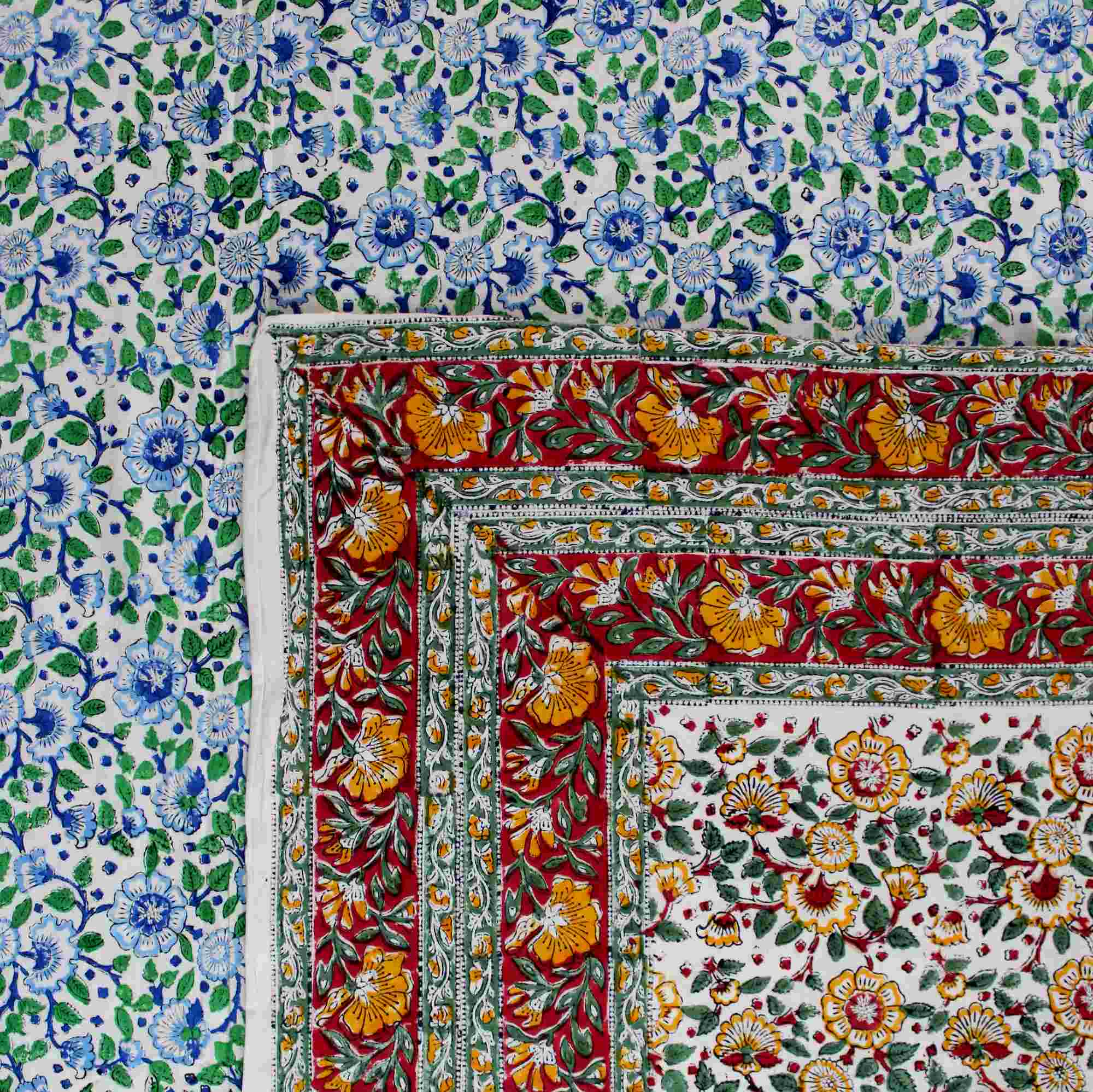 Cotton Reversible Block Print Duvet Cover Floral Full Queen Red Green Yellow Blue