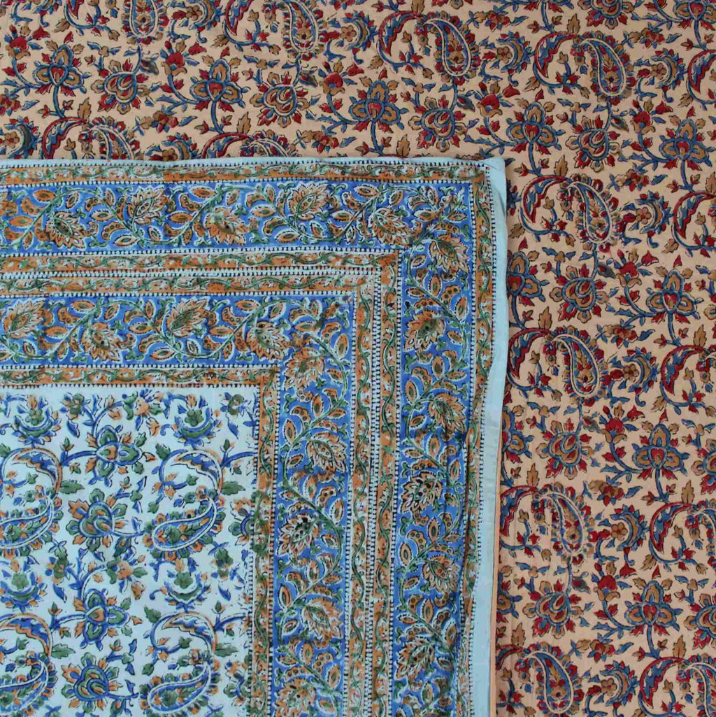 Reversible Duvet Cover Floral Cotton Full Double Blue Green Red Tan - Sweet Us