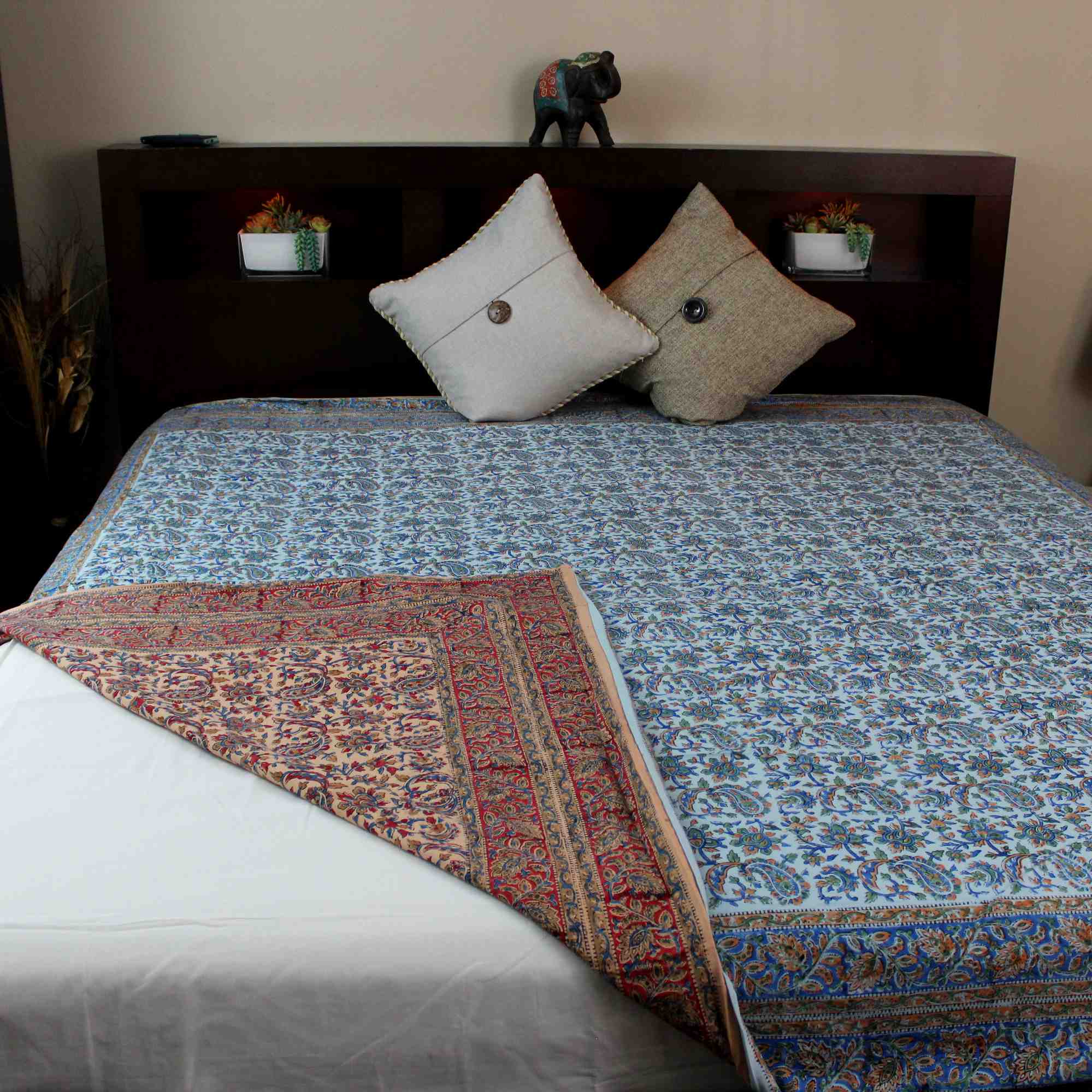 Reversible Duvet Cover Floral Cotton Full Double Blue Green Red Tan - Sweet Us