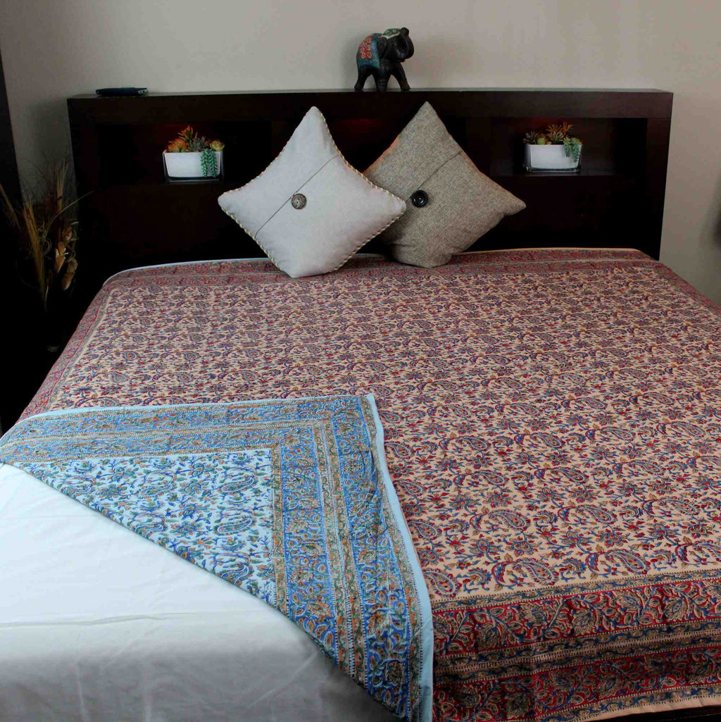 Reversible Duvet Cover Floral Cotton Full Double Blue Green Red Tan - Sweet Us