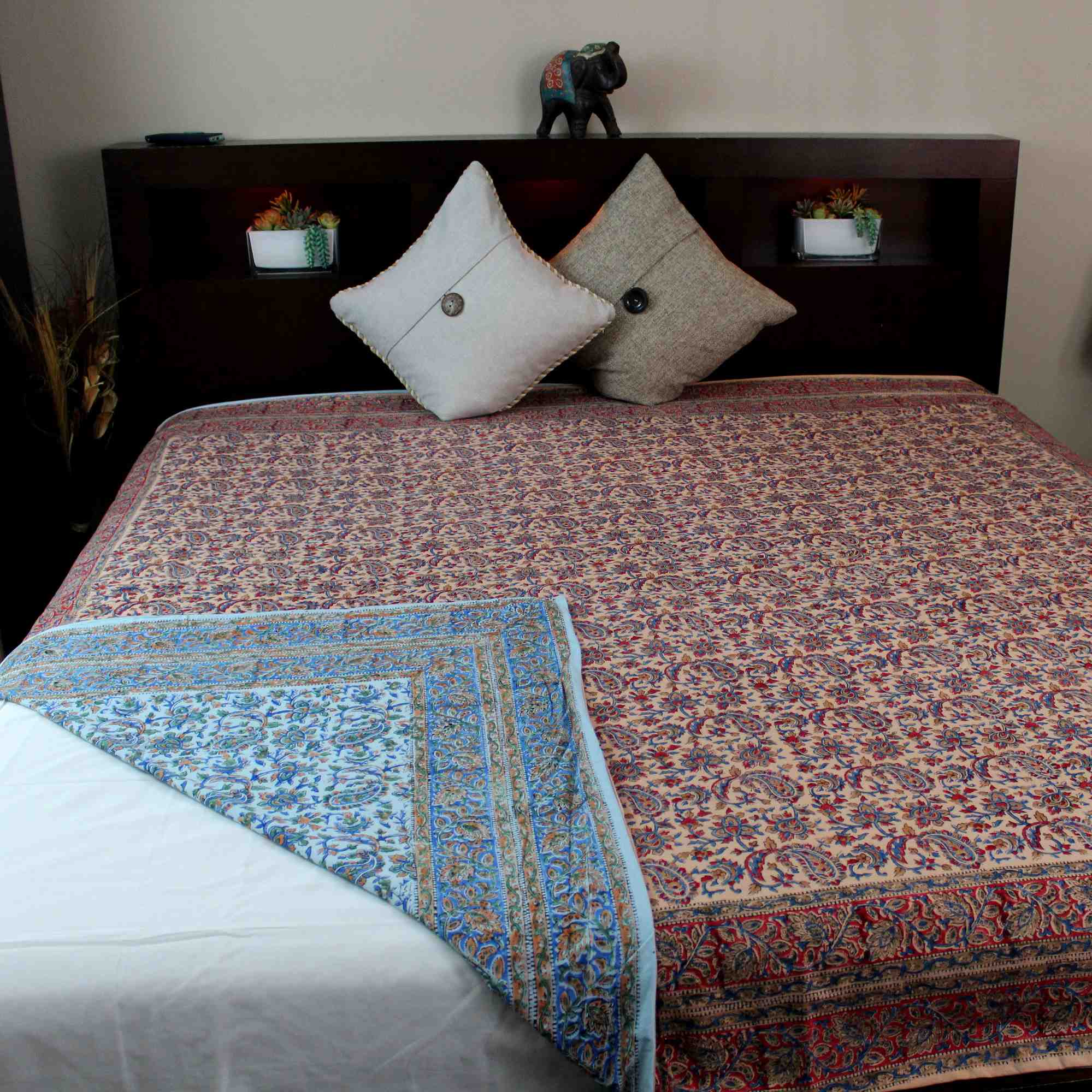 Reversible Duvet Cover Floral Cotton Full Double Blue Green Red Tan - Sweet Us