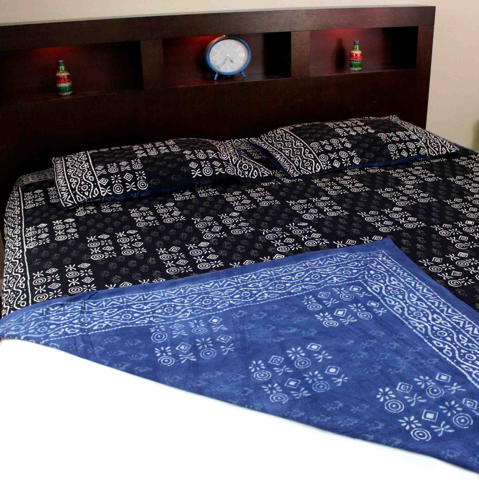 Handmade Cotton Hand Block Print Dabu Geometric Reversible Duvet Cover Queen Full Pillow Sham Black Blue - Sweet Us