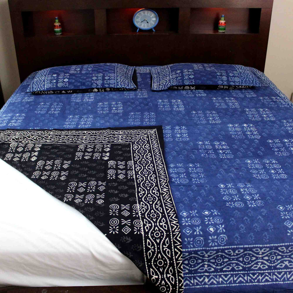 Handmade Cotton Hand Block Print Dabu Geometric Reversible Duvet Cover Queen Full Pillow Sham Black Blue - Sweet Us