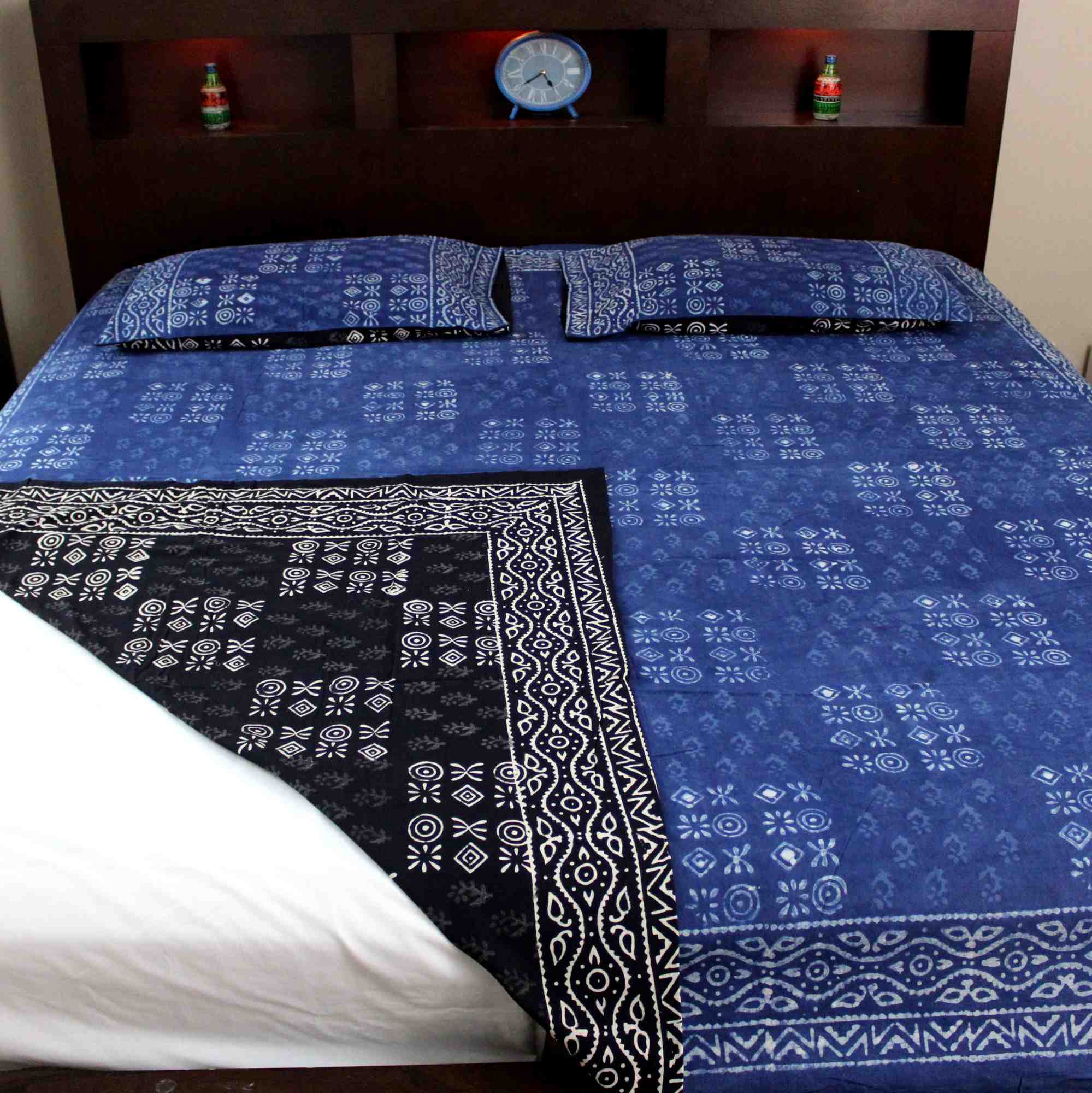 Handmade Cotton Hand Block Print Dabu Geometric Reversible Duvet Cover Queen Full Pillow Sham Black Blue - Sweet Us