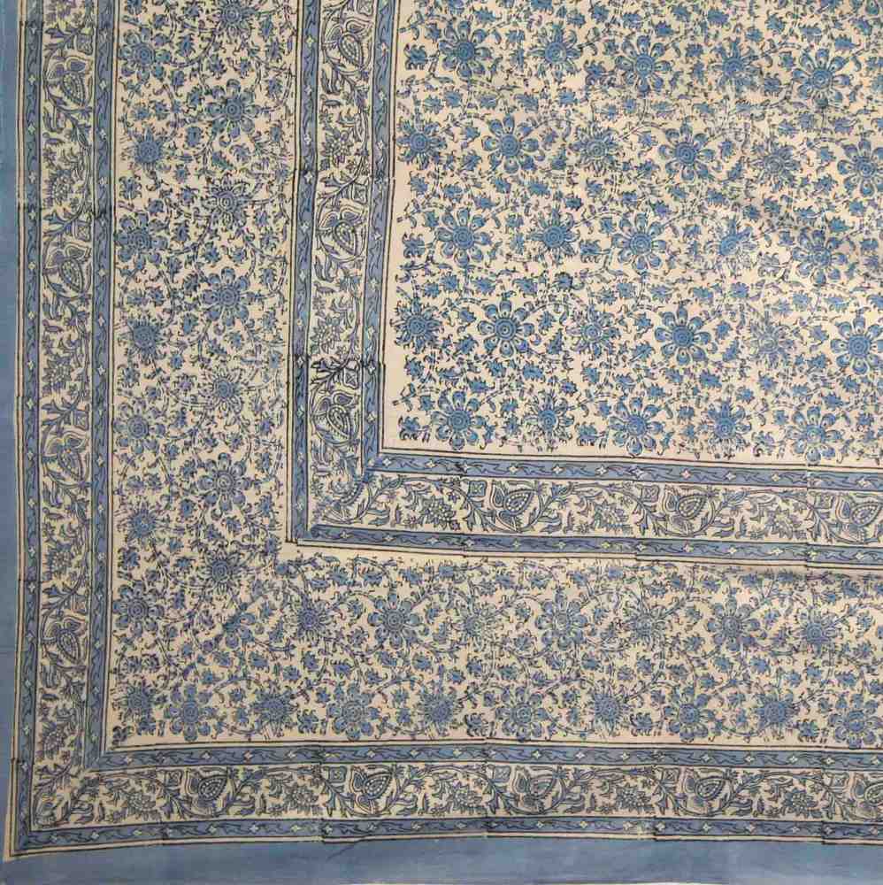 Cotton Daisy Chain Floral Block Print Tapestry Tablecloth Blue Full - Sweet Us