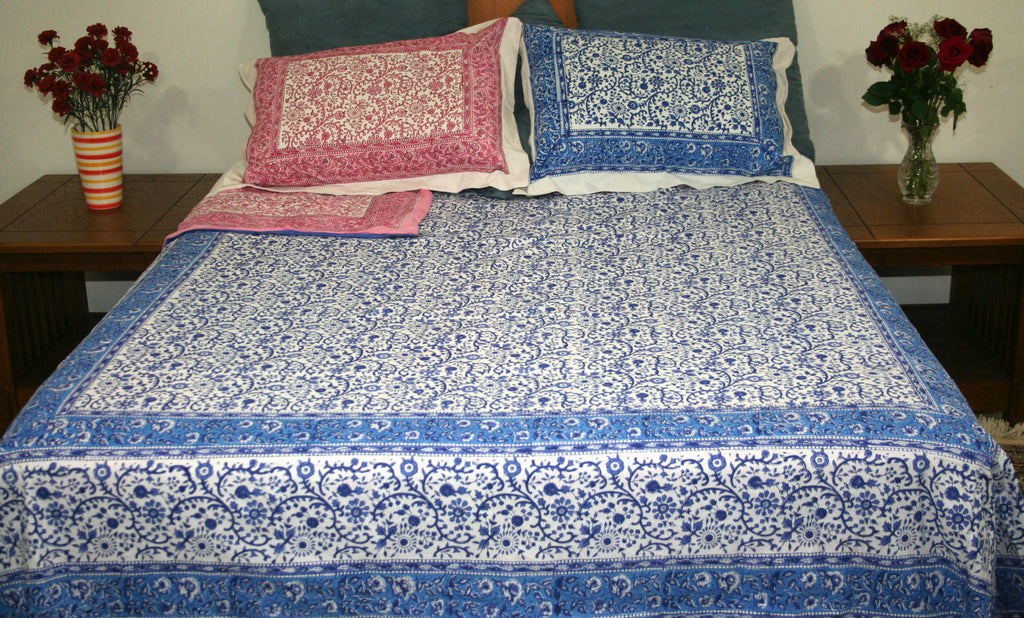 Reversible Duvet Cover Rajasthan Floral Design Full Queen Gorgeous Blue Pink - Sweet Us