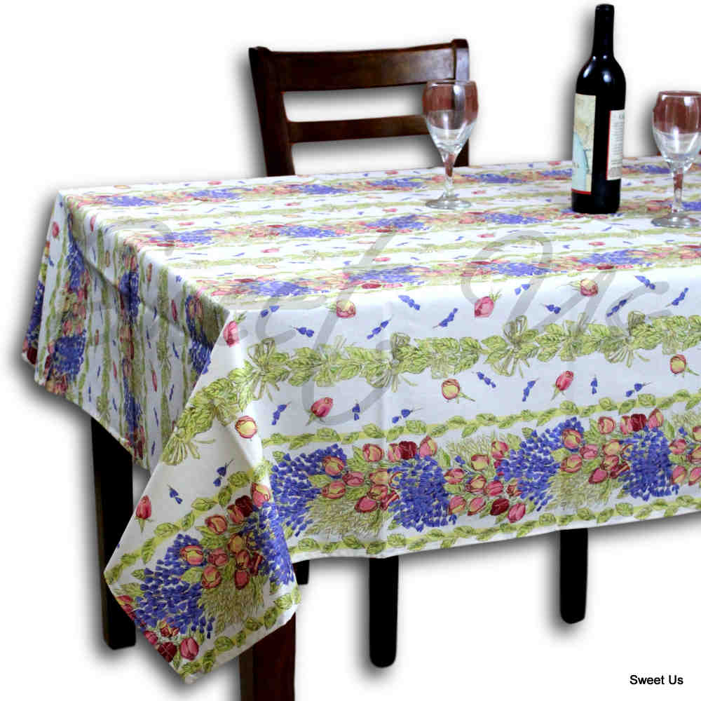 Wipeable Tablecloth French Provencal Acrylic Coated Cotton Rose Lavender White - Sweet Us