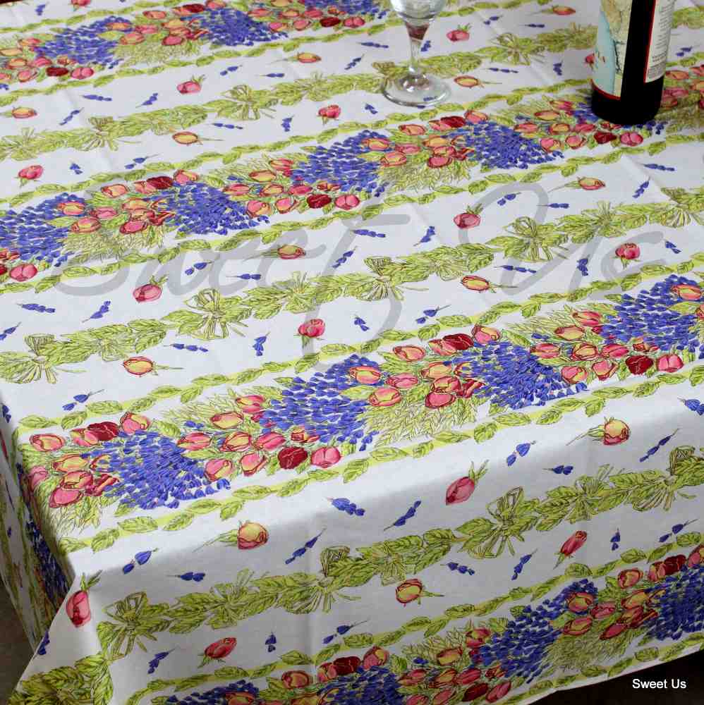 Wipeable Tablecloth French Provencal Acrylic Coated Cotton Rose Lavender White - Sweet Us