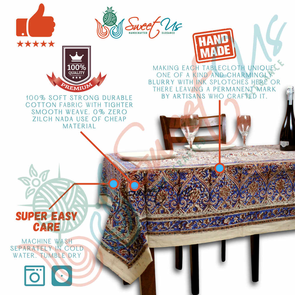 Cotton Block Print Paisley Tablecloth Rectangle Blue Green Kitchen Dining Linen