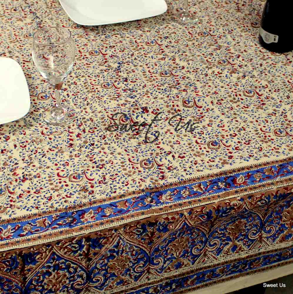 Cotton Block Print Paisley Tablecloth Rectangle Blue Green Kitchen Dining Linen