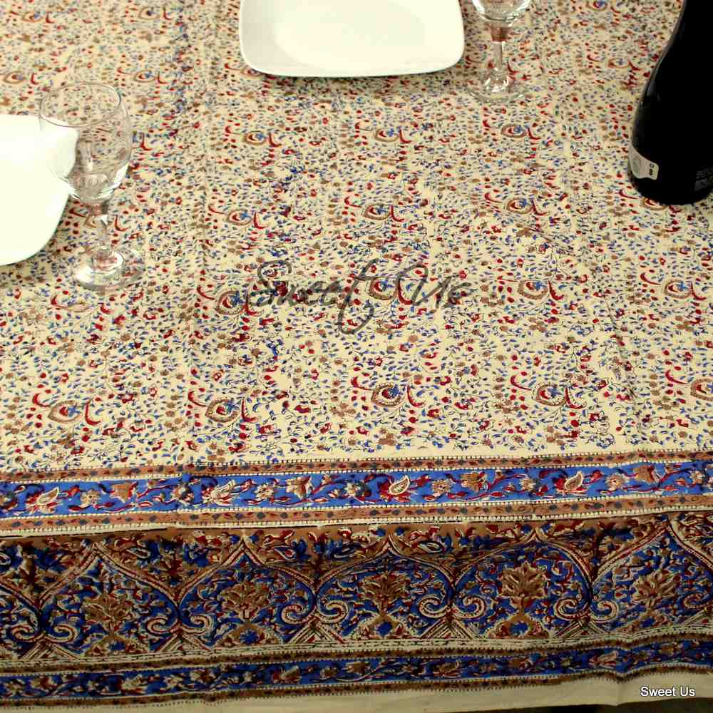 Cotton Block Print Paisley Tablecloth Rectangle Blue Green Kitchen Dining Linen