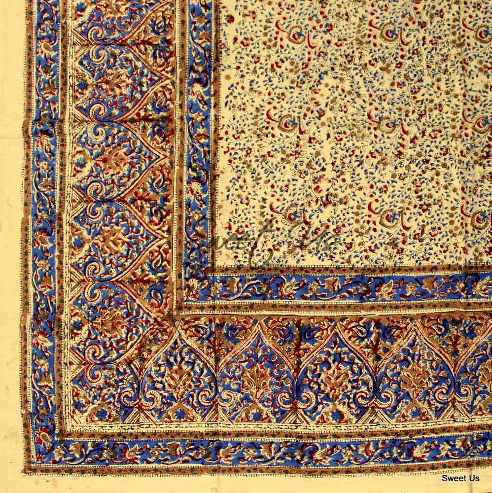 Cotton Block Print Paisley Tablecloth Rectangle Blue Green Kitchen Dining Linen