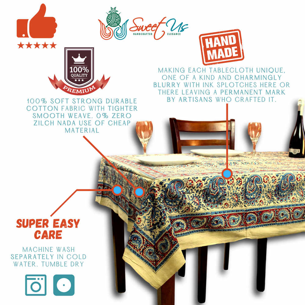 Cotton Block Print Paisley Tablecloth Rectangle Blue Green Kitchen Dining Linen