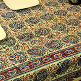 Cotton Block Print Paisley Tablecloth Rectangle Blue Green Kitchen Dining Linen