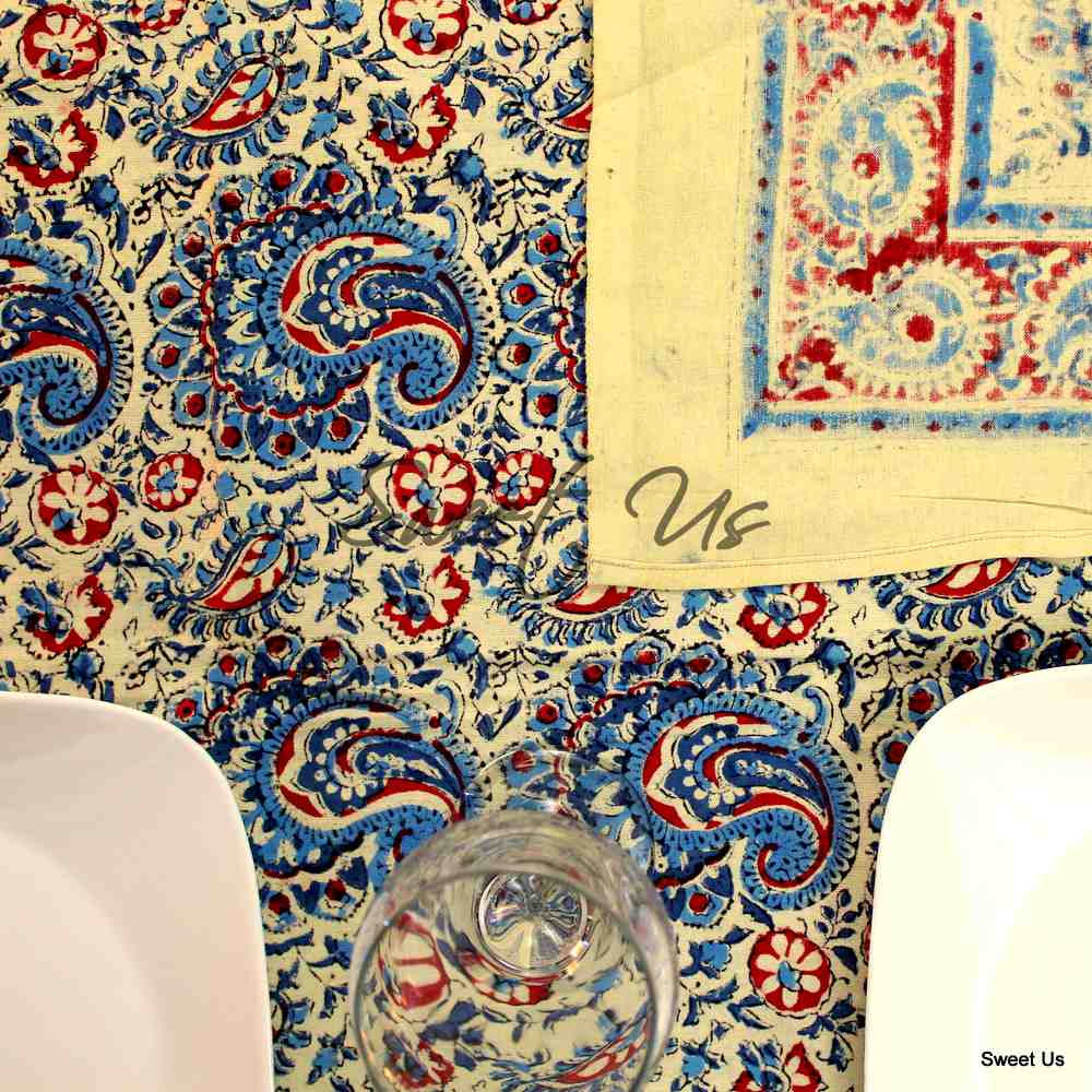 Cotton Block Print Paisley Tablecloth Rectangle Blue Green Kitchen Dining Linen