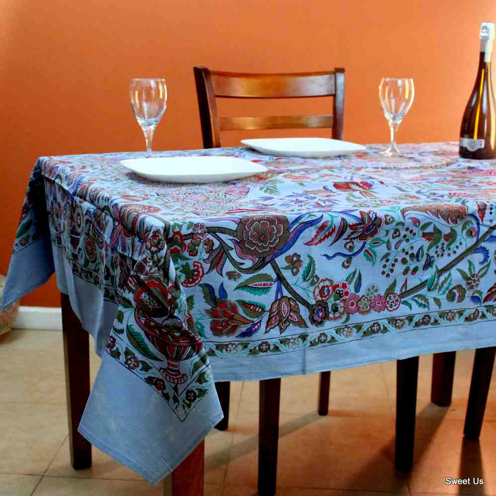 Cotton Floral Tree of Life Tablecloth Rectangle Blue Red Kitchen Dining Linen