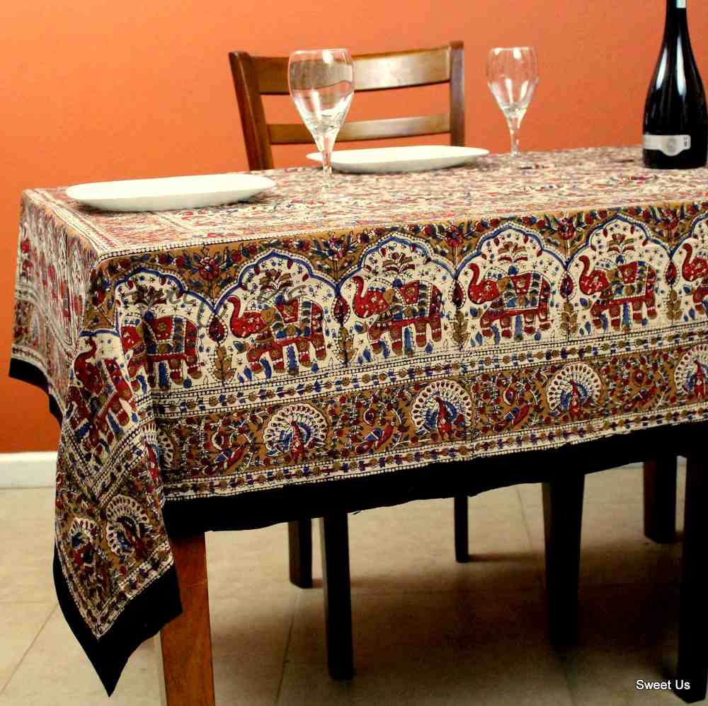 Block Print Floral Paisley Elephant Cotton Tablecloth Rectangle Blue Gold Red