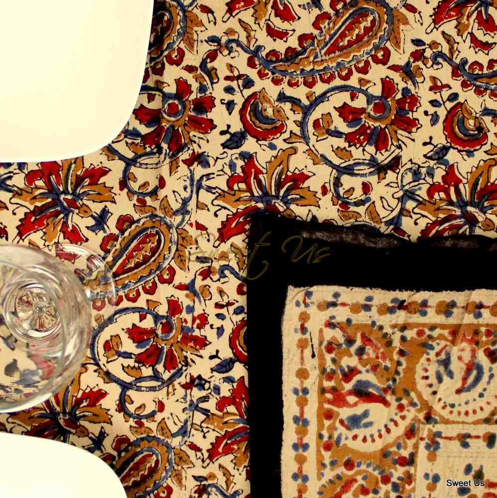 Paisley Safari Block Print Cotton Floral Tablecloth Rectangle, Gilded Garden