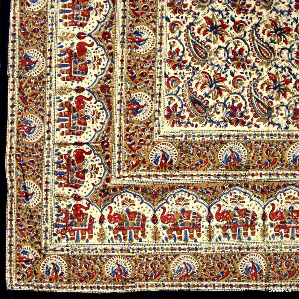 Paisley Safari Block Print Cotton Floral Tablecloth Rectangle, Gilded Garden