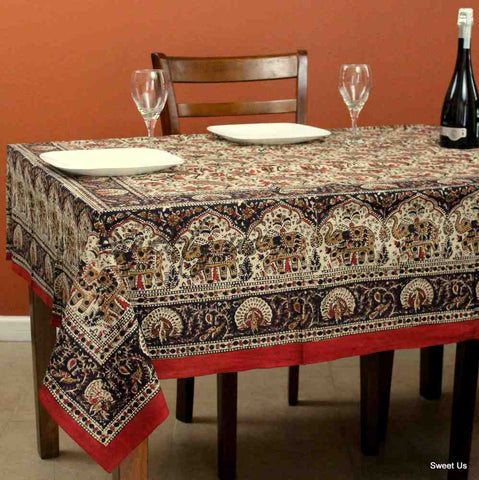 Hand Block Print Paisley Elephant Floral Tablecloth Rectangle Cotton Red Black