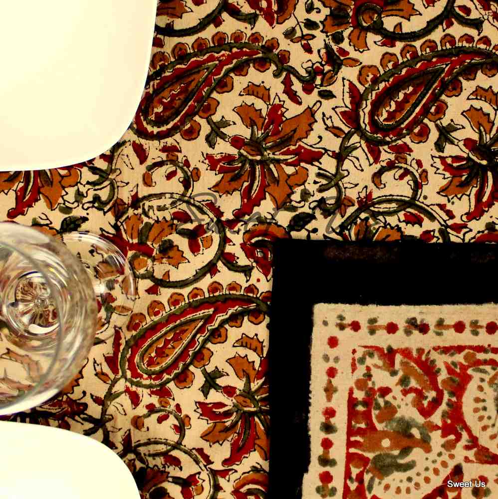 Paisley Safari Block Print Cotton Floral Tablecloth Rectangle, Regal Sands