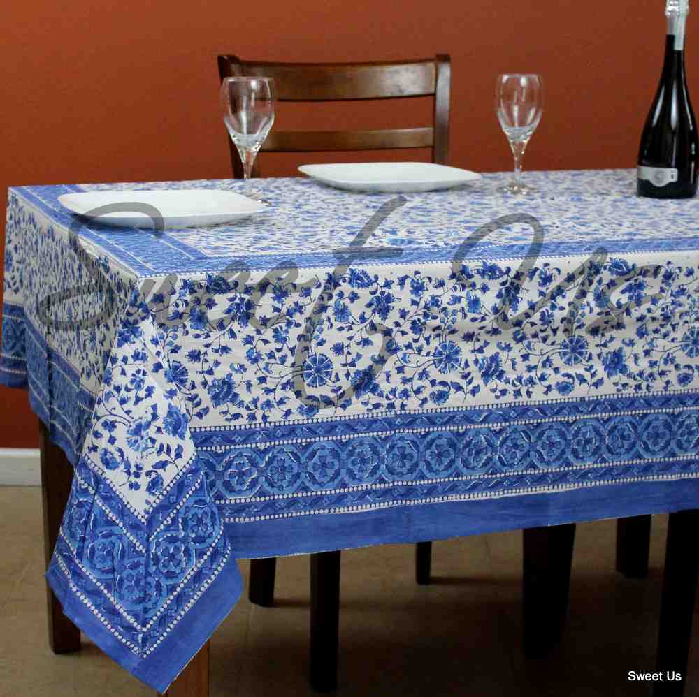 Begonia Floral Cotton Block Print Tablecloth Rectangle, Seaflower
