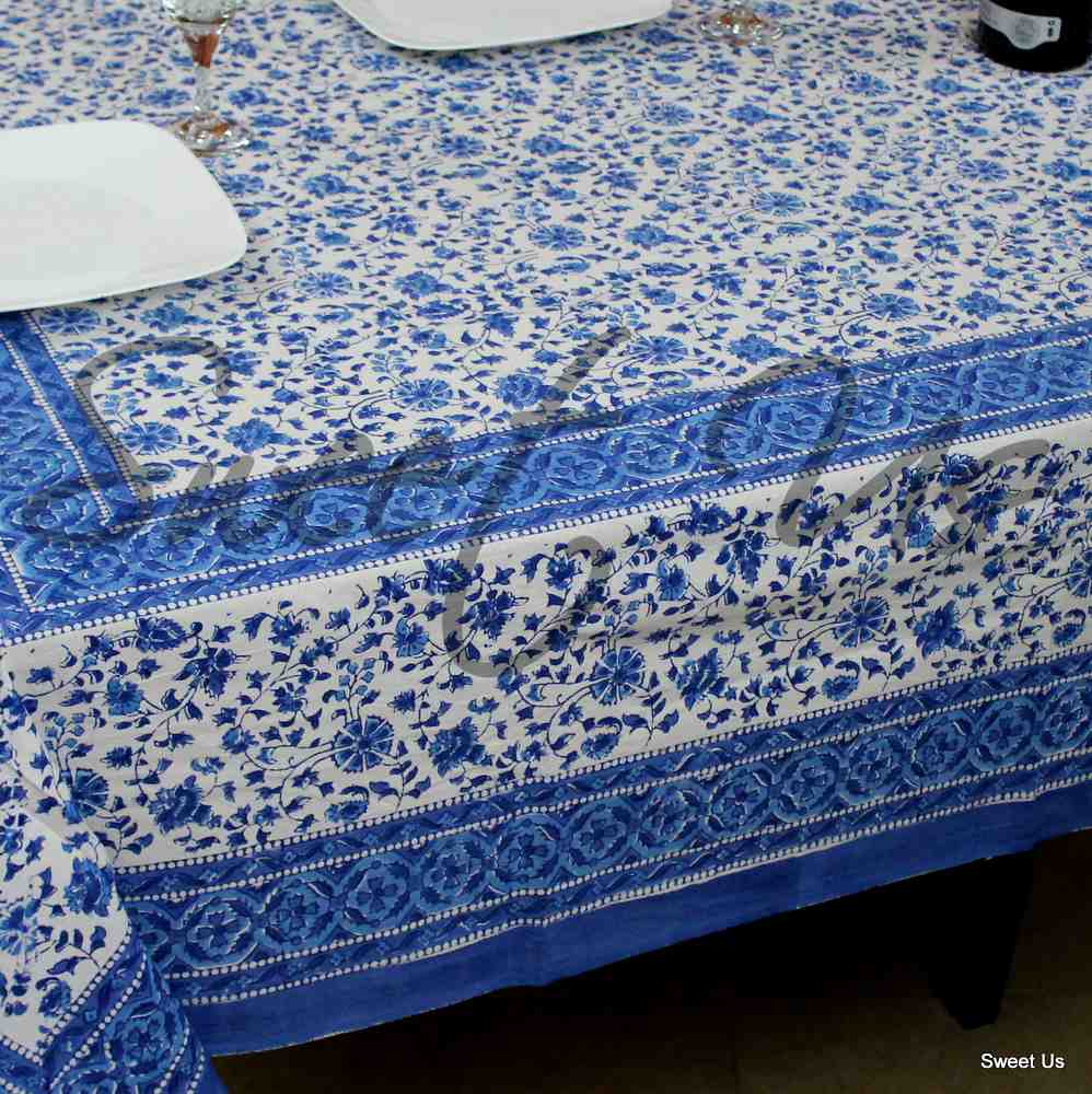 Begonia Floral Cotton Block Print Tablecloth Rectangle, Seaflower