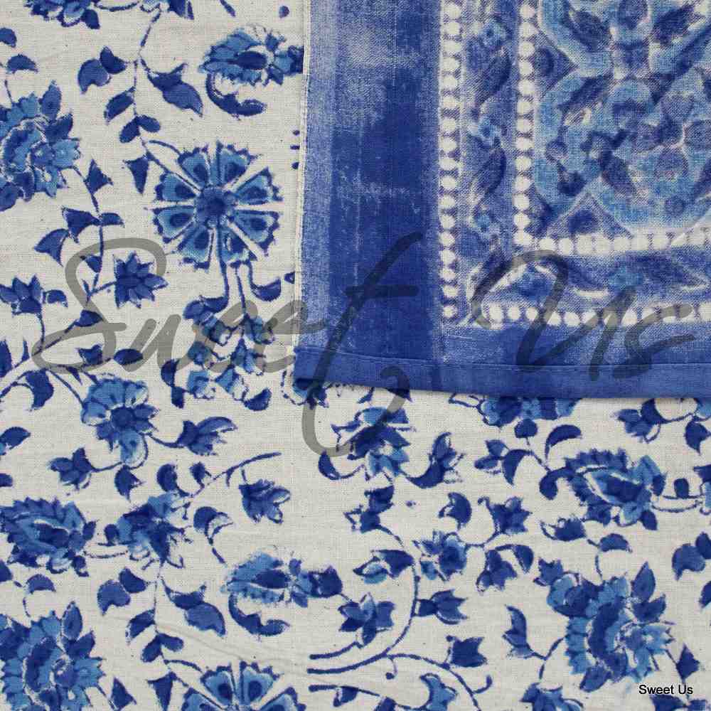 Begonia Floral Cotton Block Print Tablecloth Rectangle, Seaflower