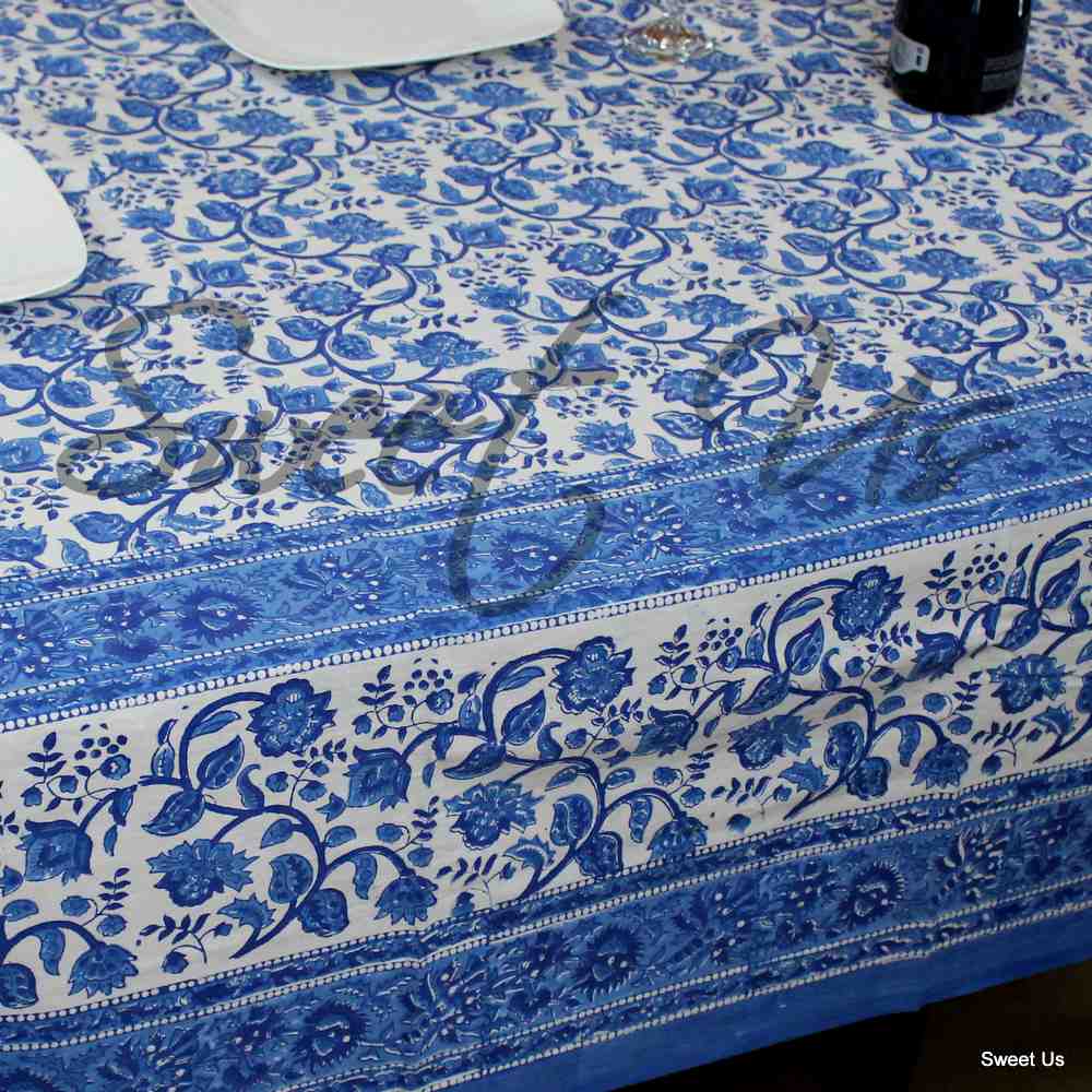 Begonia Floral Cotton Block Print Tablecloth Rectangle, Coastal Breeze
