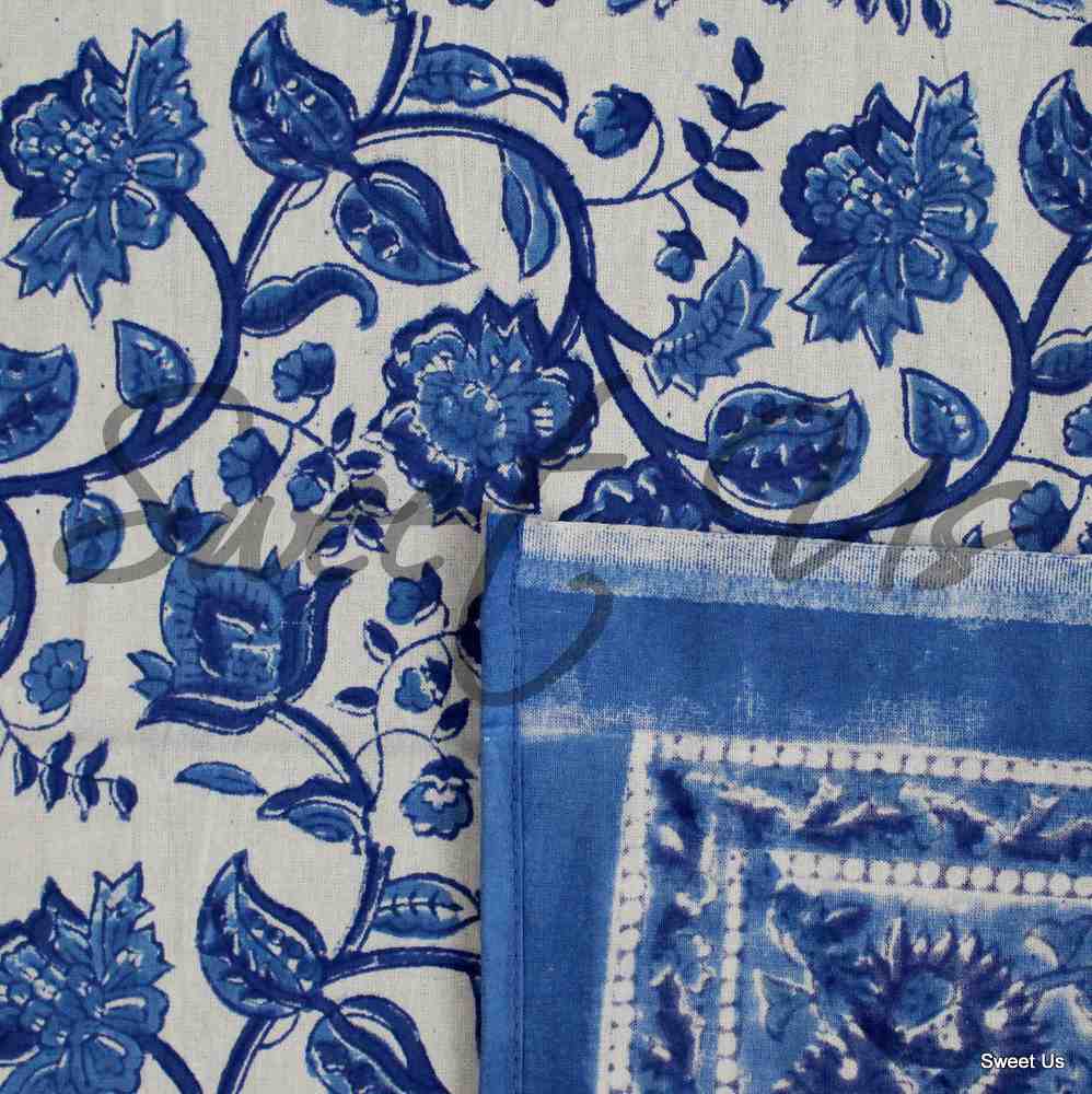 Begonia Floral Cotton Block Print Tablecloth Rectangle, Coastal Breeze