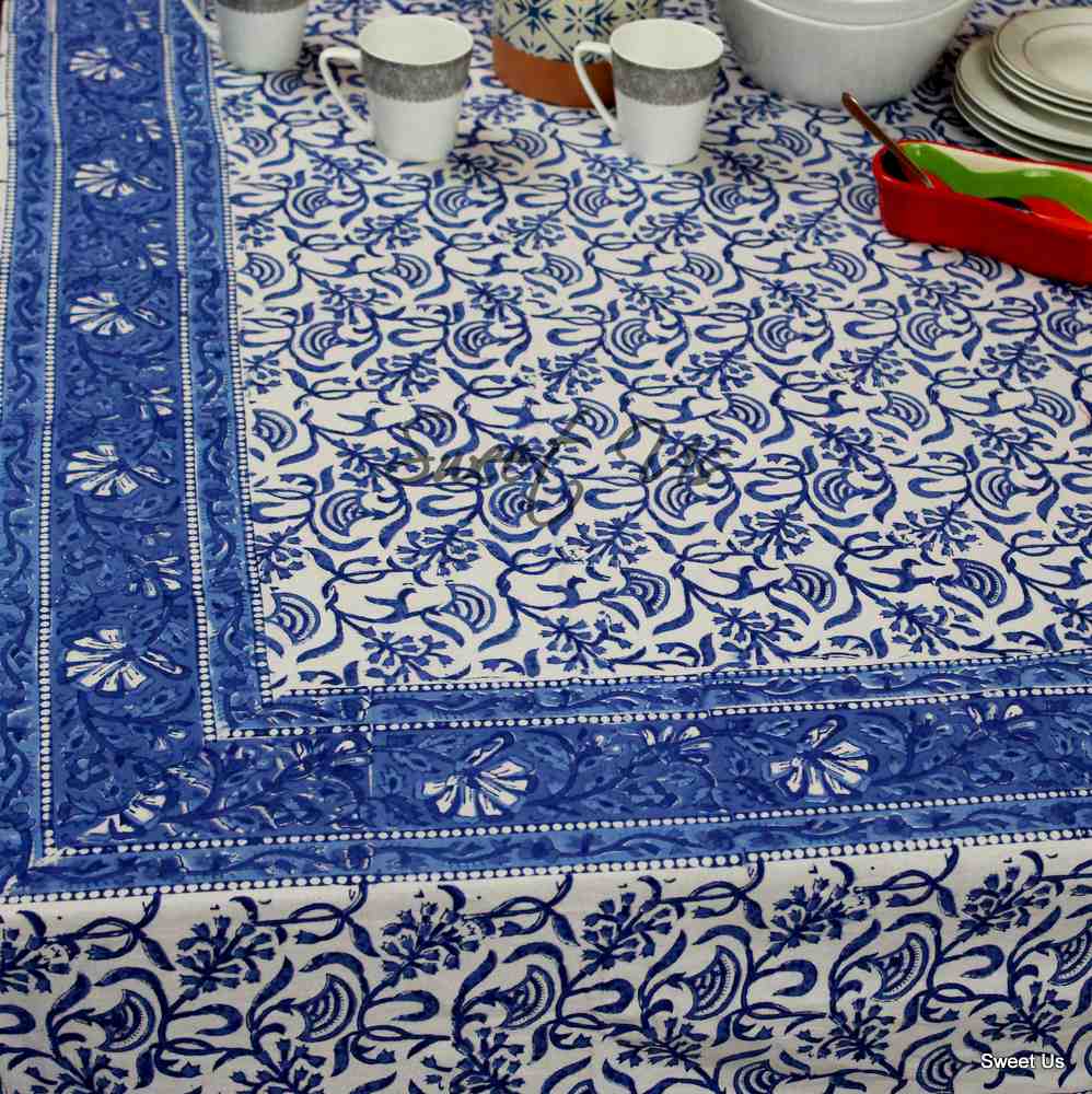Begonia Floral Cotton Block Print Tablecloth Rectangle, Sky Petals