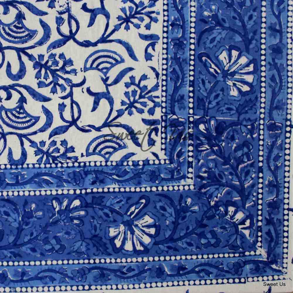 Begonia Floral Cotton Block Print Tablecloth Rectangle, Sky Petals