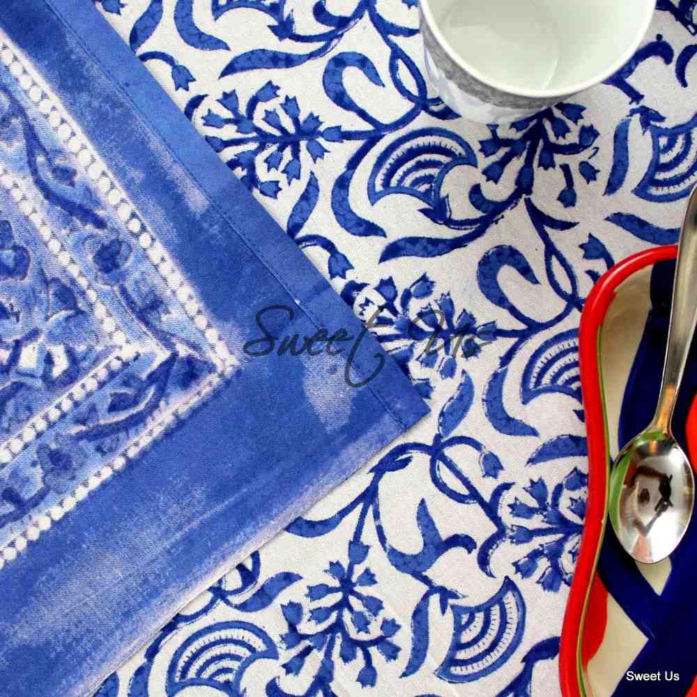 Begonia Floral Cotton Block Print Tablecloth Rectangle, Sky Petals