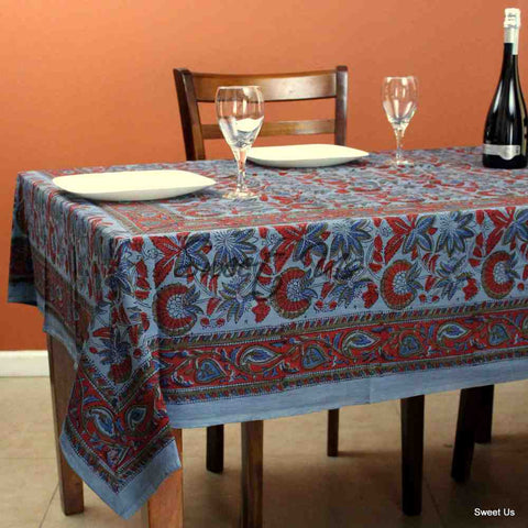 Block Print Cotton Floral Tablecloth Rectangle Blue Red Olive Bed sheet Queen