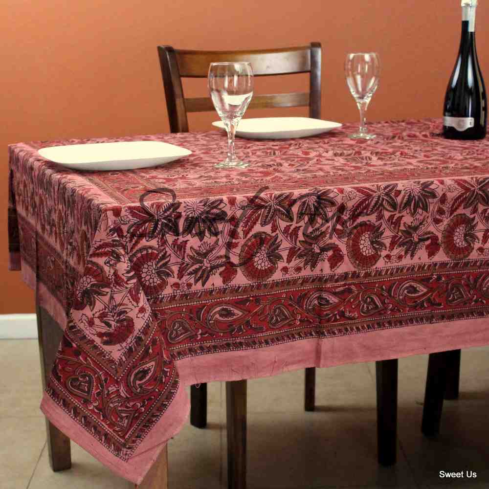 Block Print Cotton Floral Tablecloth Rectangle Brick Red Brown Tan