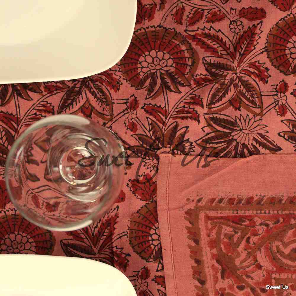 Block Print Cotton Floral Tablecloth Rectangle Brick Red Brown Tan