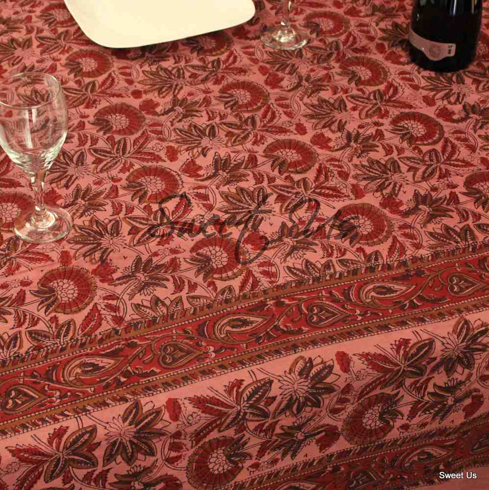 Block Print Cotton Floral Tablecloth Rectangle Brick Red Brown Tan