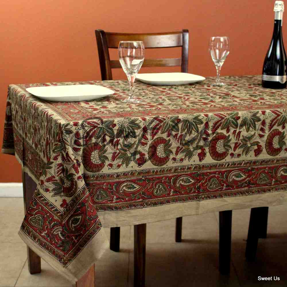 Block Print Cotton Floral Tablecloth Rectangle Tan Red Green Gold