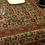 Block Print Cotton Floral Tablecloth Rectangle Tan Red Green Gold