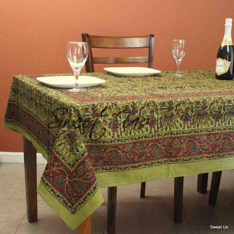 Cotton Block Print Floral Tablecloth Rectangle Olive Green Dining Linen