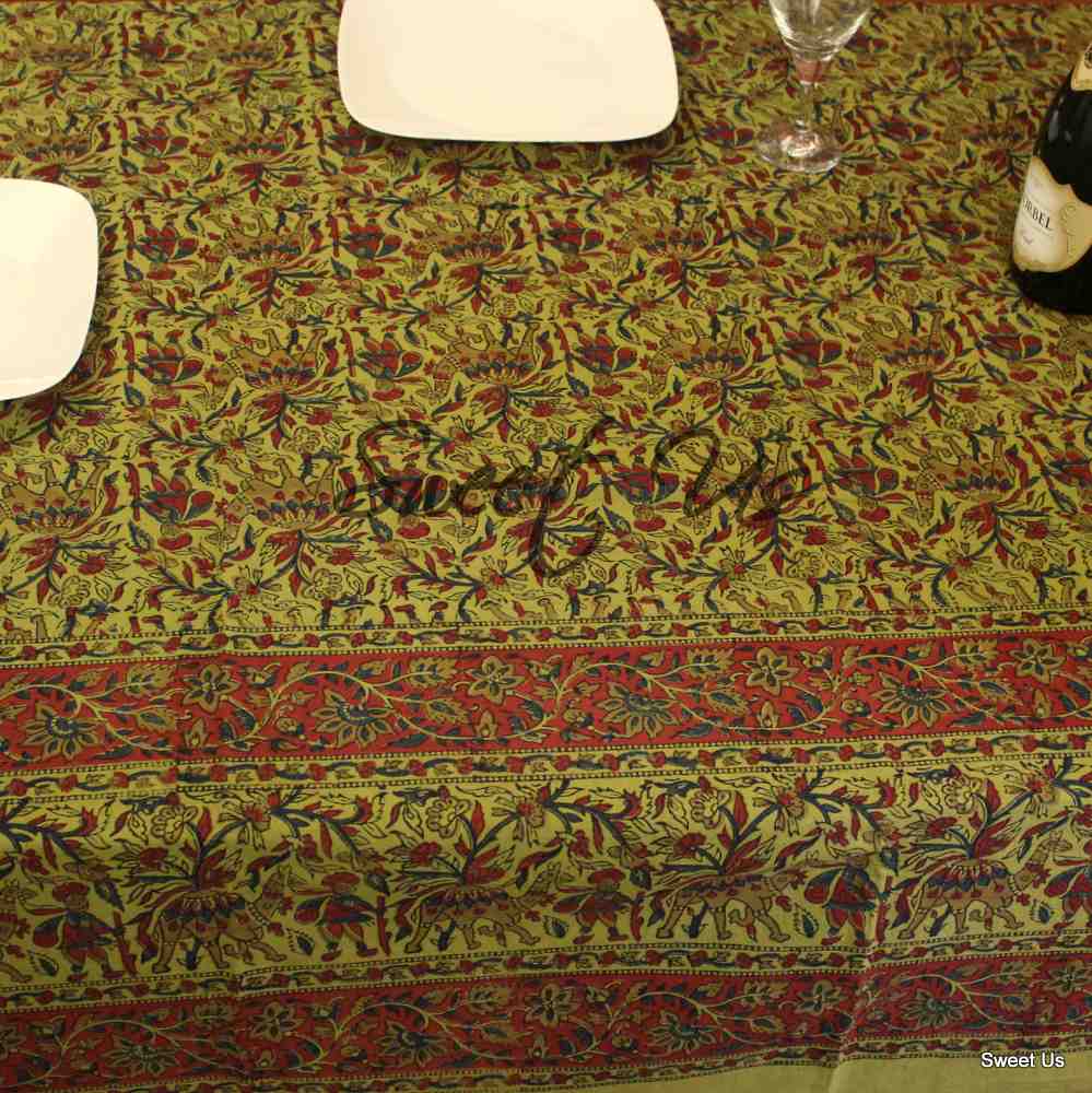 Cotton Block Print Floral Tablecloth Rectangle Olive Green Dining Linen