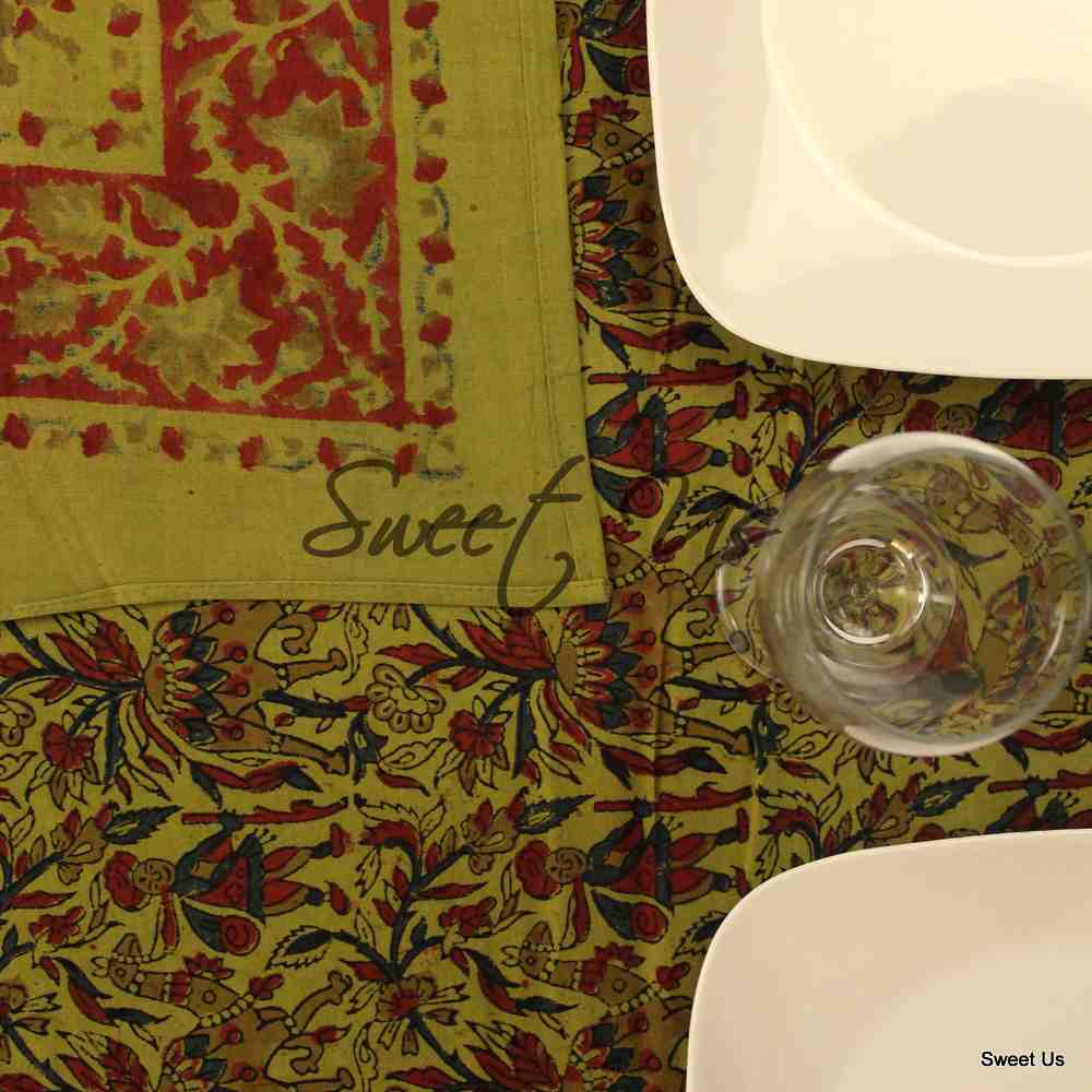 Cotton Block Print Floral Tablecloth Rectangle Olive Green Dining Linen