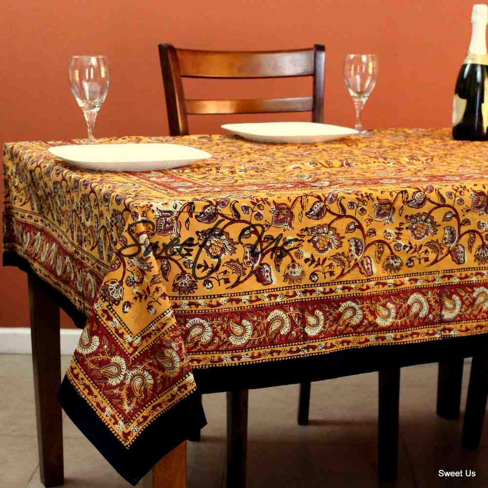 Dabu Block Print Floral Tablecloth Rectangle Green Orange Saffron Dining Linen - Sweet Us