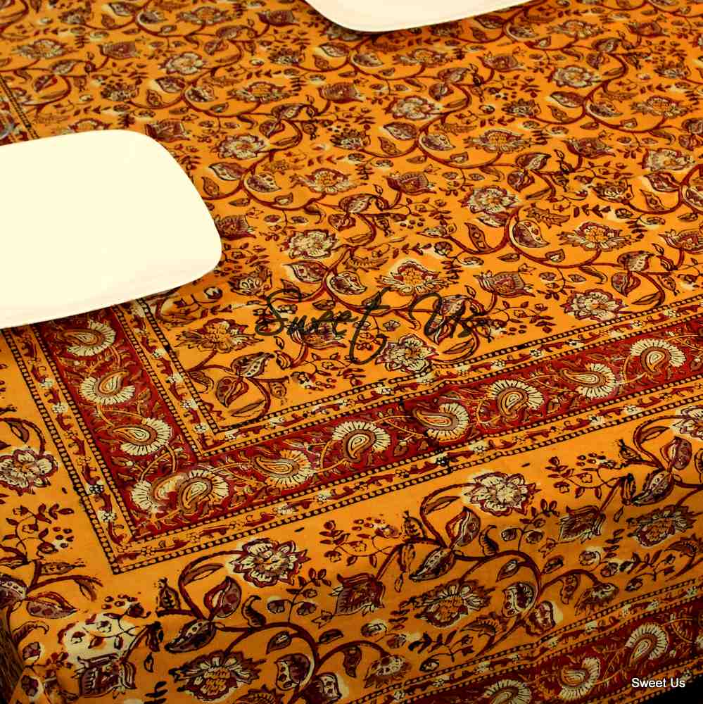 Dabu Block Print Floral Tablecloth Rectangle Green Orange Saffron Dining Linen
