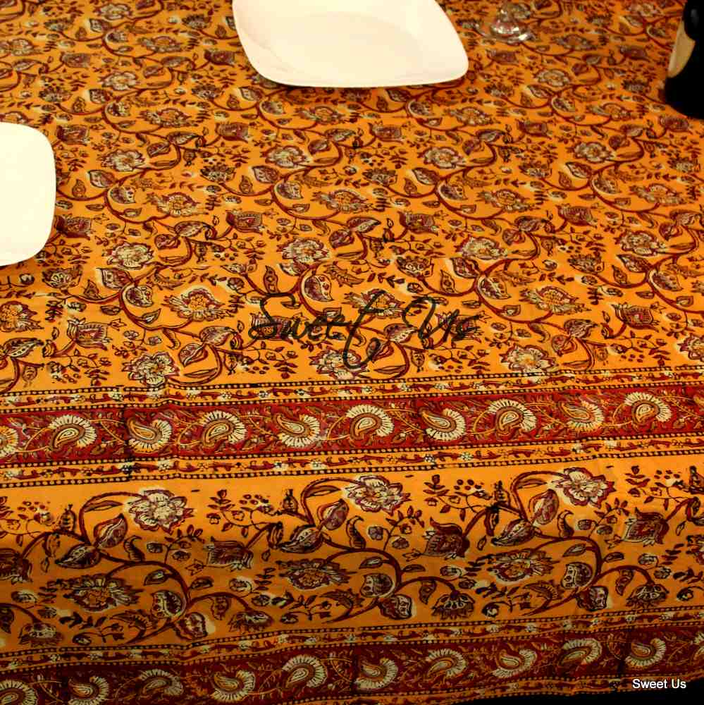 Dabu Block Print Floral Tablecloth Rectangle Green Orange Saffron Dining Linen