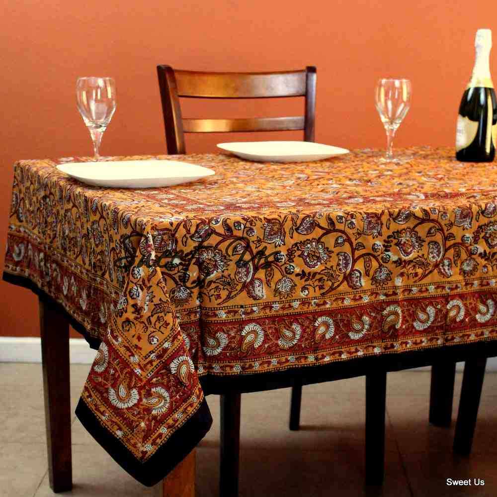 Dabu Block Print Floral Tablecloth Rectangle Green Orange Saffron Dining Linen - Sweet Us