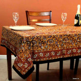 Dabu Block Print Floral Tablecloth Rectangle Green Orange Saffron Dining Linen