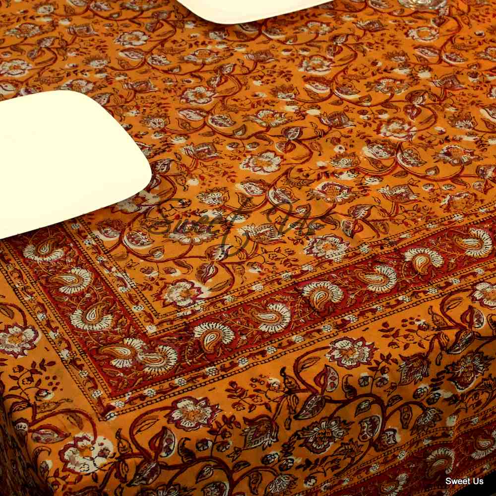 Dabu Block Print Floral Tablecloth Rectangle Green Orange Saffron Dining Linen