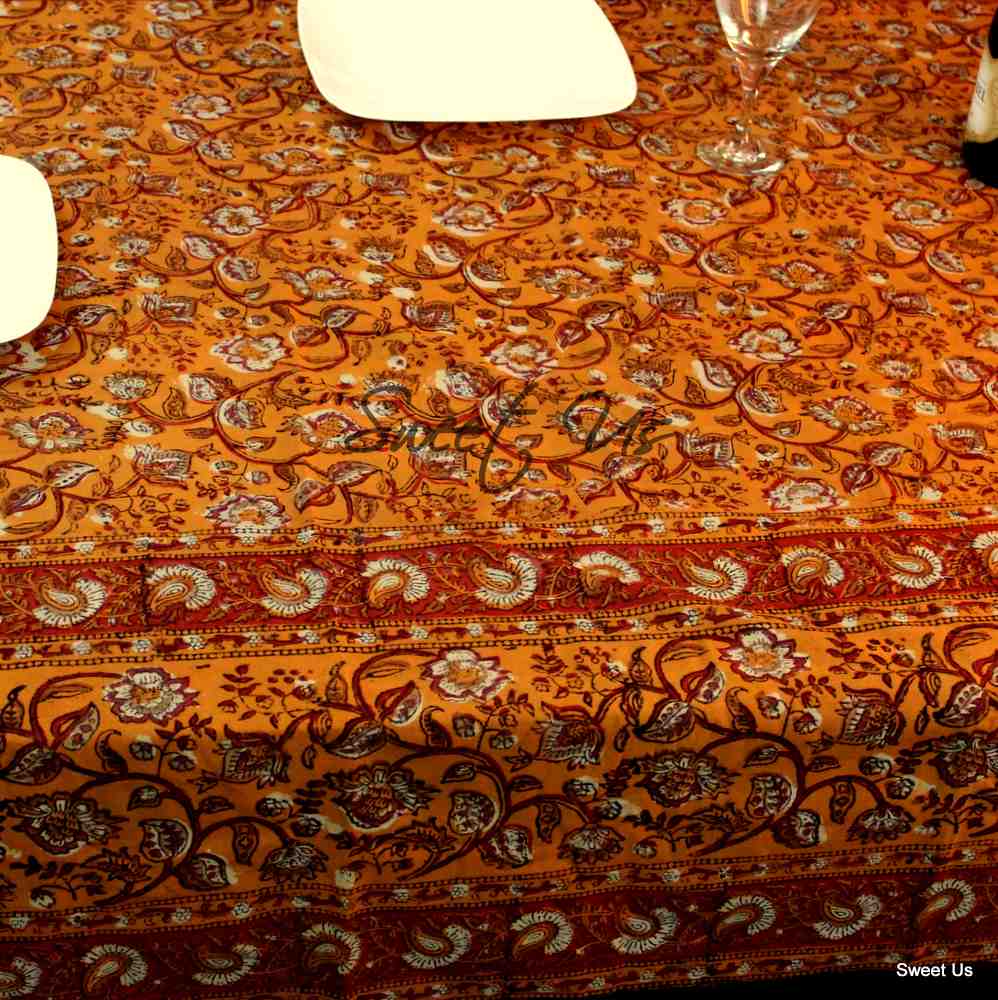 Dabu Block Print Floral Tablecloth Rectangle Green Orange Saffron Dining Linen