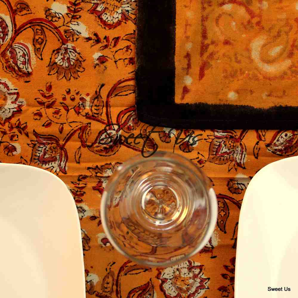 Dabu Block Print Floral Tablecloth Rectangle Green Orange Saffron Dining Linen